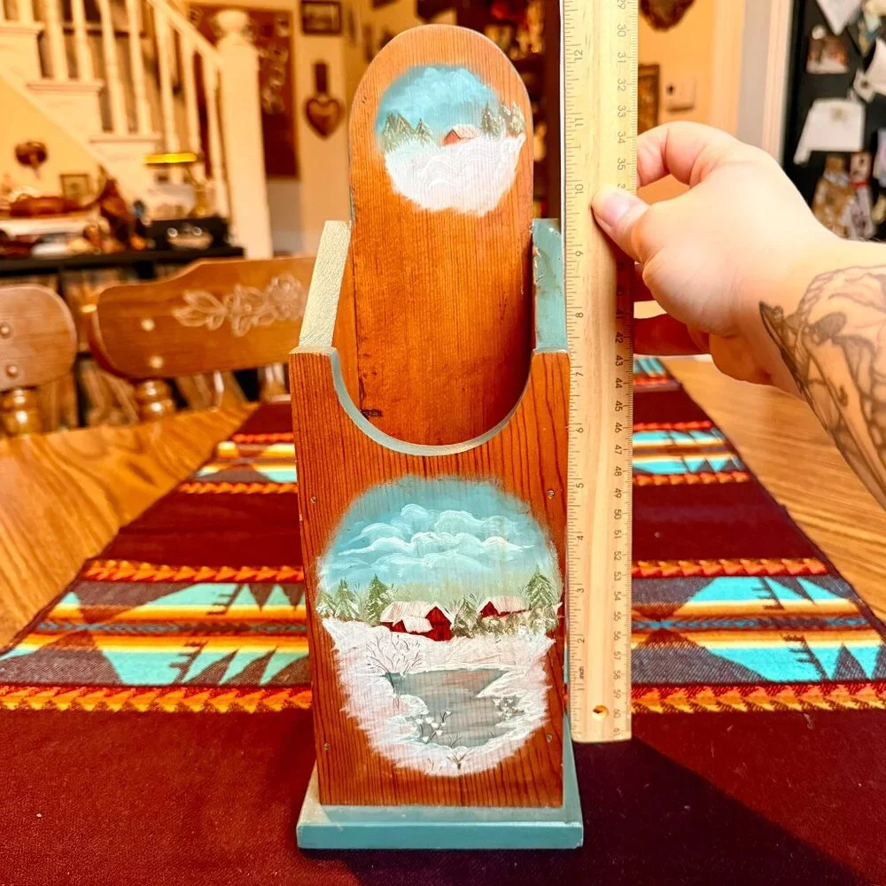 Vintage Hand Painted Folk Art Wooden Wall Pocket / Matchstick Holder